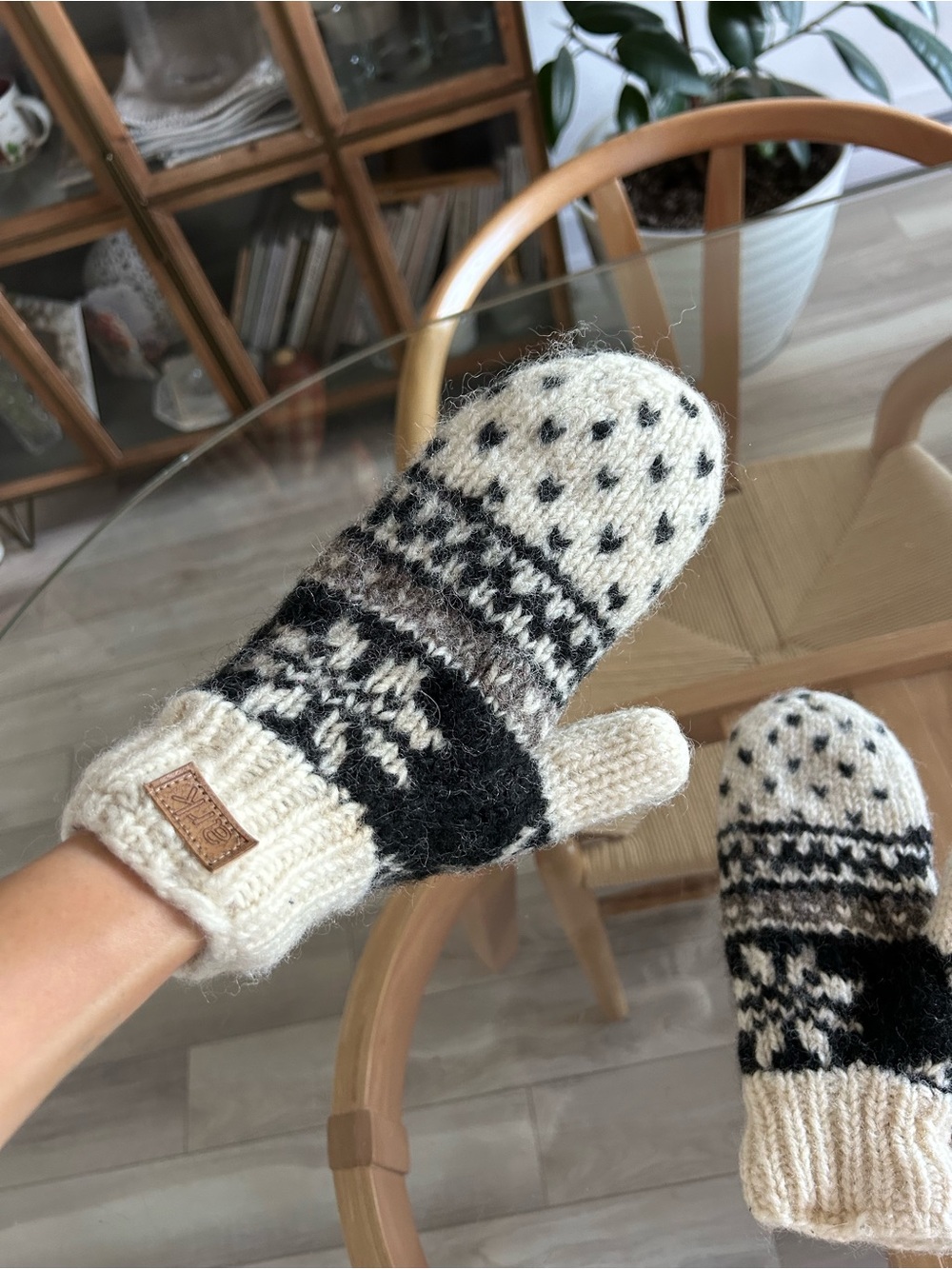 Ark Knit Black & Cream Fair Isle Snowflake wool Mittens